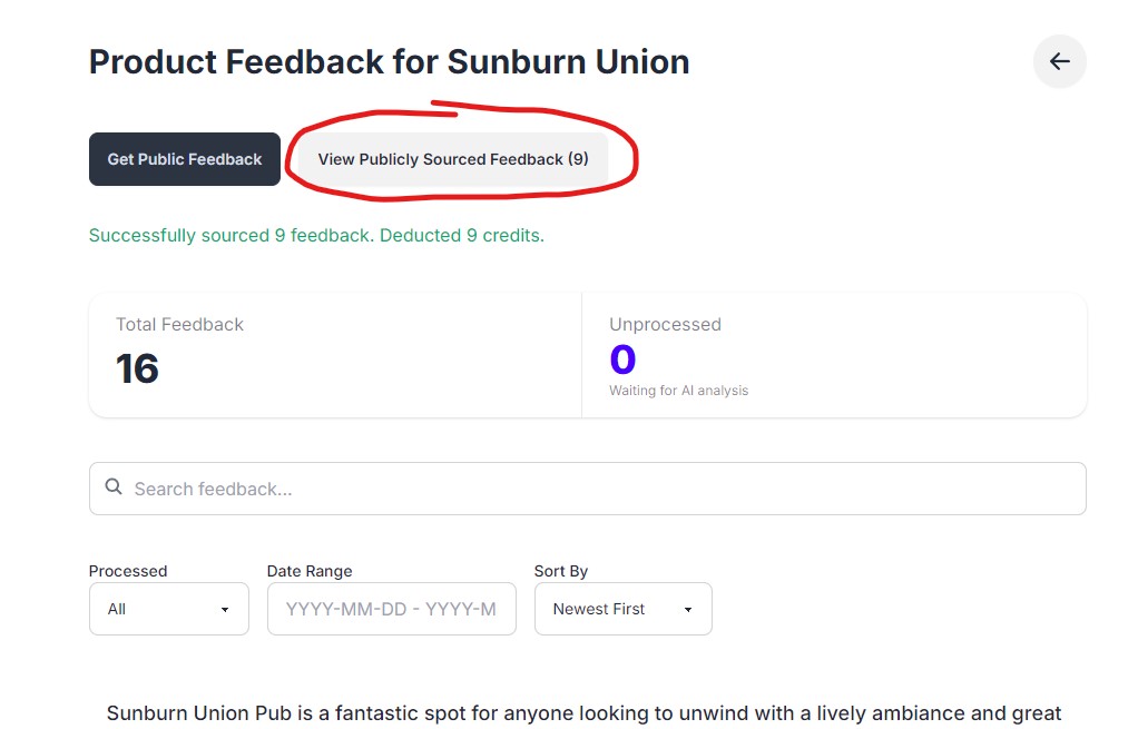 View sourced feedback list